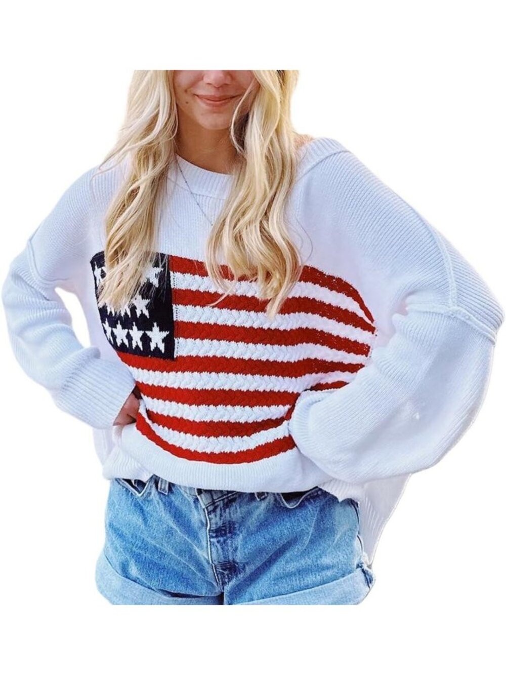 Vintage American Flag Oversized Sweater | Long Sleeve Knit Pullover Top